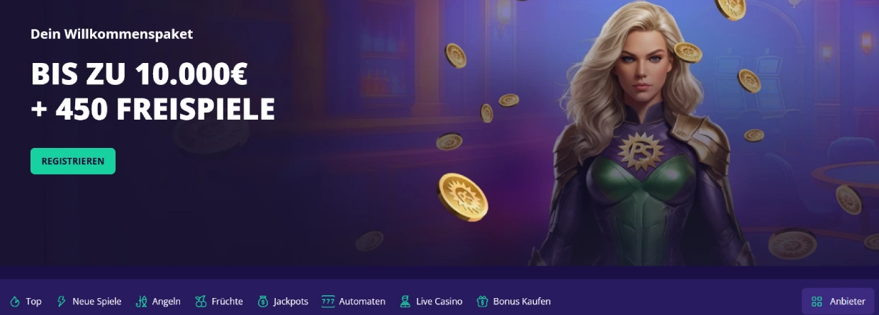 PlatinumSlots Casino ohne Limit Startseite mit Spielauswahl und Willkommensbonus